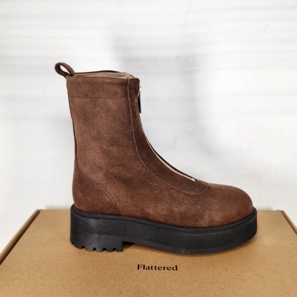 Flattered Alma Boots Women Size 6 Brown Suede Front Zip Lug Sole Platform